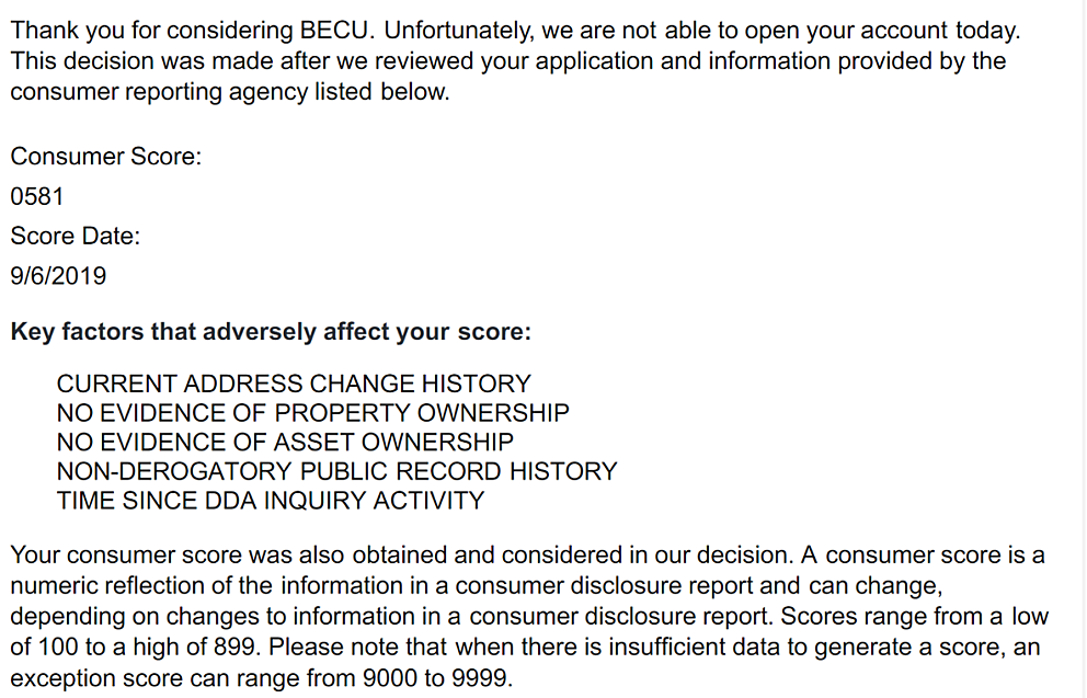 denied checking account chexsystems